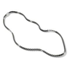 Sterling silver and black rhodium box chain necklace. The necklace measures 4.8mm in width and 26" in length. Designed by John Hardy. Chain Industrial, Industrial Necklace, Jewelry Education, Box Chain Necklace, John Hardy, Handcrafted Necklace, Black Rhodium, Religious Jewelry, Style Gift