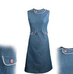 With a collar and pocket flaps, the dress is in a modern-vintage style.  The dress impresses with its simplicity and attention to detail.  The blue dress made of stretchy, light jeans is a real figure-flatterer with its figure-hugging top and slightly flared skirt.  The asymmetrical Peter Pan collar and the pocket flaps are piped in white.  Red and white checkered buttons bring color into play.  Stretchy and soft, the dress is very comfortable to wear. Size information: BU / TU / HU (+ - 2cm) 34 (XS) 86/66/86 36 (S) 90/70/90 38 (M) 94/74/94 40 (L) 98/78/98 42 (XL) 102/82/102 44 (XXL) 106/86/106 Total length 34-38: 96cm Total length 40-44: 98cm We are also happy to manufacture to measure specifications. Material & care: Denim: 97% cotton, 3% elastane W 30 o Weiberstyle stands for real handw Blue A-line Denim Dress With Pockets, Collared Blue Denim Dress For Work, Blue Collared Denim Dress For Work, Classic Fitted Denim Dress, Blue Denim Dress With Pockets For Work, Blue Knee-length Denim Dress With Pockets, Knee-length Fitted Denim Dress With Pockets, Fitted Knee-length Denim Dress With Pockets, Classic Blue Denim Dress For Work