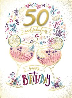 a happy birthday card with two glasses filled with lemons and grapefruits