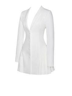 Elevate your style with our chic white blazer dress, meticulously crafted with luxurious lining for a flawless fit and feel. This sophisticated piece features fabric-covered buttons that add a touch of elegance to the ensemble. The pleated bottom adds a feminine flair, creating movement and grace with every step. Perfect for any occasion, from cocktail parties to business meetings, whether you're dressing it up with heels or keeping it casual with flats, this white blazer dress is sure to make a statement wherever you go. Materials: Woven Stretch Crepe Length from high point shoulder: Approx 32.6 inch / 83 cm Stretch Factor: Low Stretch Clean: Dry-clean only Model Is Wearing A Size XS (US-2) Model Is 5'11'' Color may vary due to lighting on images. The product images (without model) are th Two Piece Suits For Women, Black And White Graduation Outfit, Bridal Stylist Work Outfit, Blazer Dress Wedding, Classy Graduation Outfit, Statement Clothing Pieces, Casual Luxury Outfits, Grad Fits, White Grad Dress