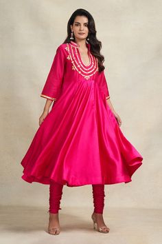 Rani pink anarkali with gota embroidered in floral pattern. - Aza Fashions Pink Silk Anarkali Set With Dori Work, Pink Embroidered Churidar For Reception, Embroidered Pink Churidar For Reception, Pink Bollywood Style Kurta For Reception, Pink Zari Work Churidar For Reception, Pink Chanderi Anarkali Set With Dori Work, Pink Chanderi Churidar For Celebration, Pink Churidar With Gota Work For Celebration, Anarkali Dresses With Gota Work