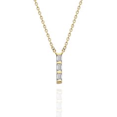 This 14k vertical baguette diamond bar necklace is the perfect gift for the bridal party, someone special, or yourself. M A T E R I A L & L E N G T H Available in 14k Yellow Gold, 14k Rose Gold, 14k White Gold Pendant: 12 mm x 2 mm Stone: 3 Baguette Diamonds Diamond Size: 2.5 mm x 1.5 mm Carat Weight: 0.18 ct. tw. Chain Length: Chain: 14+2, 16+2, 18+2 options or any length up to 20 inches without extension. (Please leave a note for the chain length) Clasp: Spring Ring Color: G Quality: SI-VS Diamond Bar Necklace Ideas, Diamond Birthday, Diamond Bar Necklace, White Gold Pendant, Necklace Diamond, Baguette Diamonds, Diamond Gift, Diamond Bar, Gold Diamond Jewelry