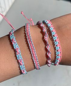 Pastel Light Baby Pink & Blue Combo Bracelets. Choose one style or mix match with set of 4. please message me which styles you would want single bracelet =$5 set of 2 with same style = $8 set of 4 (all same style) = $14.00 set of 4 (mix match) =$15.00 ALL SALES are final even if package is lost in transit.  International shipping should be additional $2.00 and up. I will refund shipping overages if Etsy is charging more at checkout. Message me if you want tracking for additional charge.  Adult s Cheap Hypoallergenic Pink Friendship Bracelets, Pink Macrame Bracelets For Friendship, Pink Macrame Bracelets As Gift, Pink Macrame Bracelets For Gift, Pink Macrame Braided Bracelet For Friendship, Pink Macrame Bracelet For Gift, Pink Macrame Friendship Bracelets, Pink Macrame Bracelets For The Beach, Trendy Blue Braided Bracelet With Sliding Knot