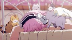 an anime scene with cats on the bed