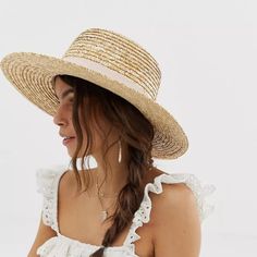 Nwt Asos Design Natural Straw Easy Boater With Size Adjuster And Light Band. Natural Straw With Light Pink Ribbon. Wide Brim Straw Hat Tops Things Off Nicely Domed Crown Wide Brim Ribbon Trim Gold Boater Hat With Short Brim For Summer, Chic Beige Spring Hat, Gold Flat Brim Straw Hat For Spring, Spring Gold Flat Brim Straw Hat, Beige Flat Brim Boater Hat For Spring, Chic Neutral Hats For Spring, Gold Wide Brim Boater Hat For Summer, Natural Boater Hat For Day Out, Summer Brimmed Hats In Neutral Color