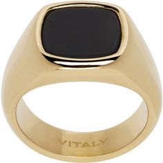 Signet ring in gold-tone recycled stainless steel. · Bezel-set black onyx at face · Logo engraved at inner band Supplier color: Gold Face Logo, Signet Ring, Bezel Setting, Black Onyx, Onyx, Gold Rings, Jewelry Watches, Mens Jewelry, Jewelry Accessories