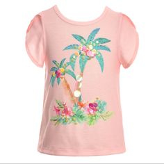 Hannah Banana - Short Sleeve Palm Tree Graphic T-Shirt W/ Sequin And Rhinestone Embellishment Printed Tops For Summer Playwear, Printed Tops For Playwear In Summer, Cute Printed Pink Top, Playful Pink Tops For Babies, Pink Cotton Beach Shirt, Cute Pink Printed Tops, Pink Tops For Playwear In Spring, Pink Cotton Shirt For The Beach, Playful Pink Shirt For Summer