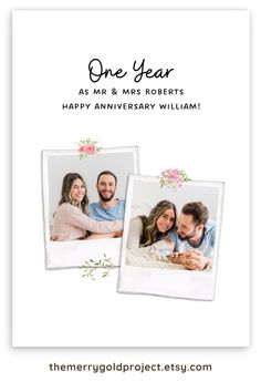 an anniversary card with two photos and the words, one year as mr and mrs roberts