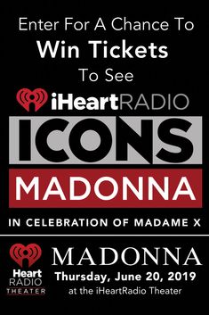 an advertisement for the iheart radio show with icons madonna, heart radio and more