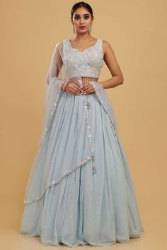 Buy Dark Blue Sequins Embroidered Georgette Designer Lehenga Online | Samyakk Party Wear Lehenga Crop Tops, Latest Party Wear Lehenga, Onam Outfits, Powder Blue Dress, Lehenga Crop Top, Simple Lehenga, Reception Outfit, Lehenga Designs Simple