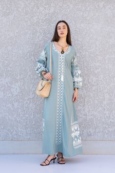 **Note : The kaftan in the video is a different color of the exact same Kaftan and is only displayed to show the fit, flow, and cut of the Kaftan. You will receive the one in the pictures.** This bohemian embroidered dress is a an eye catcher! It is an extremely comfortable wear, light and soft and can be used on many occasions -  home gatherings, festival parties, summer occasions, dinners, or just in your home to feel comfortable.  Fabric : 70% Egyptian Cotton; 30% Polyester. Small (Size 4/6 U Wedding Dress Embroidered, Bohemian Embroidered Dress, Ladies Caftan, Embroidered Caftan, Caftan Dress, 4 Inch Heels, Egyptian Cotton, Festival Party, Dress Clothes For Women