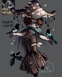 a drawing of a woman with birds on her shoulder and the caption maple inkcap