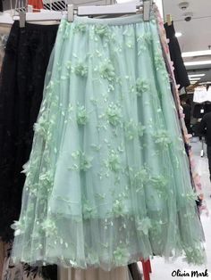 Olivia Mark - High-Waisted Long Embroidered Floral Mesh Midi Skirt Mesh Midi Skirt, Light Green Dress, Elegant Embroidery, Dress Stretch, Long Sleeve Short Dress, Intricate Embroidery, Denim Midi Skirt, Fairy Dress, Vacation Dresses