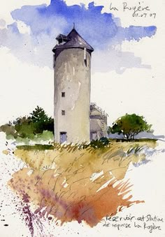 a watercolor painting of a tower in the middle of a field with trees and grass