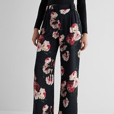 Express Satin Floral Pant Black Bottoms With Floral Print For Spring, Elegant High Waist Floral Print Bottoms, Elegant Wide Leg Bottoms With Floral Print, Elegant Wide Leg Floral Print Bottoms, Chic Floral Print Wide Leg Trousers, Chic Wide Leg Pants With Floral Print, Chic Wide Leg Floral Print Trousers, Elegant Pink Floral Print Pants, Elegant Fitted Floral Print Pants