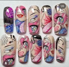 Anime Nail Inspiration, Yugioh Nails, Japanese Art Nails, Bleach Anime Nail Art, Harajuku Nail Art, Kuku Harajuku Cartoon, Eye Nail Art, Art Deco Nails, Anime Nails