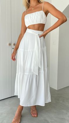 Saraya Top and Skirt Set - White -Buy Women's Sets - Billy J Crop Design, Flowy Midi Skirt, Summer Day Dresses, Back Skirt, Top And Skirt Set, Cruise Outfits, Top And Skirt, Flowy Skirt, Women Set