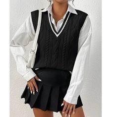 Super Cute And Stylish Ships In 5-10 Business Days Sweater Vest Outfit, Cable Knit Vest, Sweater Vests, Sweater Vest Women, Ținută Casual, Modieuze Outfits, Women Sweater, Vest Outfits, Inspired Outfits