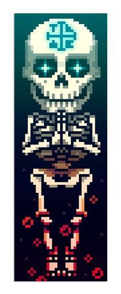 a pixel art poster with a skull and crossbones on the top of it