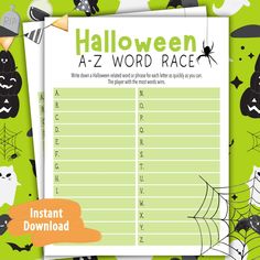 the halloween word race game is shown on a green background with bats and spider webs