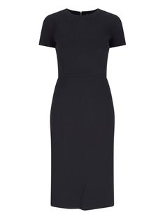 Victoria Beckham black wool blend midi t-shirt dress with crew neck, short sleeves, back zip closure, tight fit, straight hem. composition: 45% polyester, 36% virgin wool, 16% polyamide, 3% elastanesize and fit: slim Moncler Women, Zimmermann Dress, Victoria Dress, Black Dresses Casual, Black Shirt Dress, Yoga Wear, Black Wool, Victoria Beckham, Fitted Dress