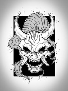 a black and white drawing of a demon with horns on it's head, in front of a gray background