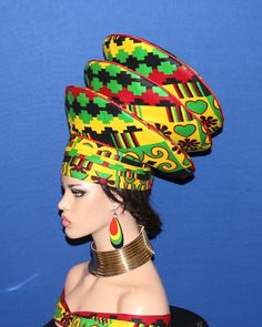 Zulu Hat - Three Tier Crown- Juneteenth Regalia/Festival, Kwanzaa, traditional wedding celebration made from wax cotton fabric - Height 14"  - 3 tier crown Zulu hat - Diameter of the crown 13" - Stretchable on back to fits 22.5"-24" head size Traditional Fitted Costume Hats And Headpieces, Traditional Adjustable Multicolor Headwrap, Traditional Fitted Headpiece For Festivals, Adjustable Multicolor Traditional Headwrap, Traditional Adjustable Costume Hats For Festivals, Traditional High Crown Costume Hats For Festivals, Traditional Multicolor Headwrap For Festivals, Traditional Yellow Adjustable Headwrap, Traditional Multicolor Festival Headwrap