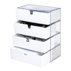 three white drawers stacked on top of each other with clear lids and bottom drawer open