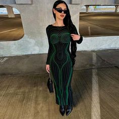 The Beauty Y2k Green And Black Dress Per For Date Night/ Evening Dress. Gives A Curve Illusion. Dresses Fits, Barbie Dog, Star Angel, Long Sleeve Backless Dress, Long Green Dress, Bodycon Maxi Dresses, Backless Maxi Dresses, Swimsuit Dress, Daily Dress