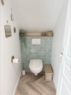 a white toilet sitting in a bathroom next to a wooden floor