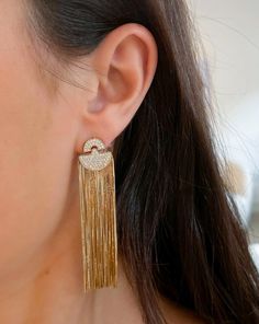 Why We Love Them: These statement earrings boast sparkling pavé diamonds and a dramatic 14-karat solid gold fringe that shimmers as it sways. Waterfall Earrings, Necklace Length Guide, Bracelet Size Chart, Diamond Huggies, Gold Fringe, Engagement Ring Wedding Band, Bracelet Sizes, Pave Diamonds, Metal Jewelry