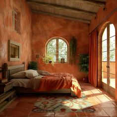 a bedroom with an arched window and orange walls