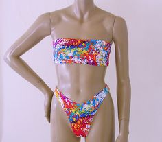 80s High Leg Brazilian Bikini Bottom and Strapless Bandeau Top in Pollack Print Fitted Multicolor Tube Top For Beach Season, Multicolor Bandeau Tube Top For Poolside, Fitted Triangle Tube Top For Sunbathing, Fitted Tube Top For Swimming, Beach Season, Fitted Tube Top For Beach Season Swimming, Underwire Tube Top For Summer Pool Days, Summer Bandeau Tube Top With Boning, Multicolor Beachwear Tube Top For Beach Season, Summer Beachwear Underwire Tube Top