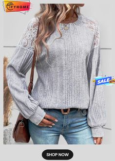 Crew Neck Split Joint Casual Lace T-shirt Gray Crew Neck Knit Top For Spring, Gray Crew Neck Top For Spring, Gray Crew Neck Cotton Knit Top, Gray Cotton Crew Neck Knit Top, Lace Tshirt, Casual Lace, Split, Crew Neck, T Shirts For Women