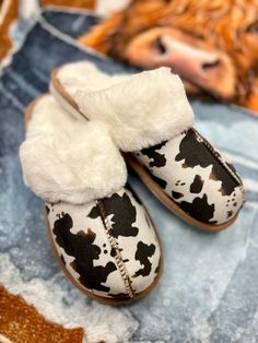 Cow print slippers. Cow house shoes. Fuzzy cow slippers. Brown and white cow print slippers. Get Gussied Up Boutique. Western style. Small business. Woman owned business. Cow Things, Brown And White Cow, Baby Cowboy Boots, Cow Slippers, Cow House, White Cow Print, Aqua Nails, Western Clothes, Shoe Designs