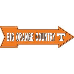 an orange street sign pointing to the right with words on it that read, big orange country