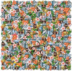 an image of a pattern with teddy bears and flowers in the center, on a white background