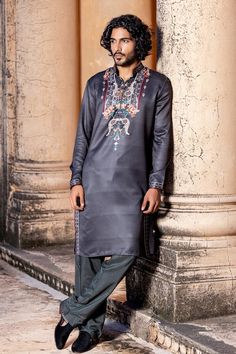 Black kurta with abstract flora print. Paired with matching aligadi pant. - Aza Fashions Traditional Unstitched Suit With Digital Print For Festivals, Traditional Unstitched Suit For Festivals With Digital Print, Festive Digital Print Kurta For Festivals, Traditional Unstitched Suit With Digital Print, Festive Digital Print Kurta, Traditional Festive Unstitched Suit With Digital Print, Festive Traditional Unstitched Suit With Digital Print, Traditional Digital Print Churidar For Eid, Traditional Churidar With Digital Print For Eid