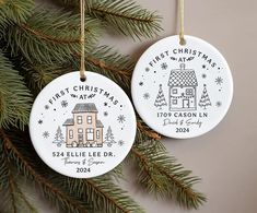 two personalized christmas ornaments hanging from a tree