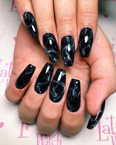 Starry Nails, Marbled Nails, Black Marble Nails, Black Acrylic Nail Designs, Marble Nail, Black Acrylic Nails, Marble Nail Art, Edgy Nails