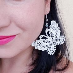 Elegant White Lace Butterfly Earrings - 9 cm Long with Silver 925 Hooks Add a touch of timeless elegance to your accessory collection with these stunning Black Lace Butterfly Earrings. Designed to make a statement, these earrings feature intricate white lace butterflies that exude a delicate and sophisticated charm. Perfect for any occasion, they are sure to enhance your outfit with their unique and graceful appeal. Features: Handcrafted Beauty: Each earring is meticulously handmade, showcasing Lace Butterfly, Lace Flowers, Butterfly Earrings, Crochet Jewelry, White Lace, Silver 925, Black Lace, Favorite Jewelry, Everyday Fashion