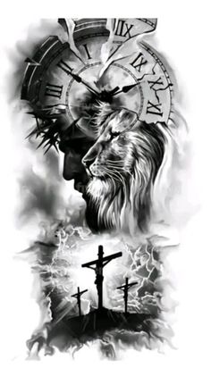 a black and white drawing of a lion with a cross in front of it's face