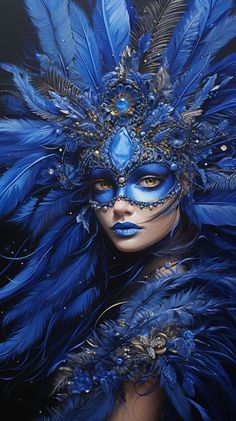 a woman with blue makeup and feathers on her face is shown in this artistic painting