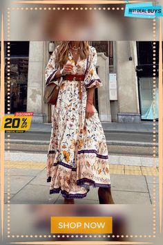 Fashion Printed Bohemian Long Dress Women Bohemian V-neck Midi Dress For Fall, Non-stretch V-neck Bohemian Maxi Dress, Non-stretch Bohemian Maxi Dress, Beige Maxi Length Floral Dress For Spring, Beige Maxi Floral Dress For Spring, Bohemian V-neck Non-stretch Dress, Bohemian Multicolor Fall Dresses, Bohemian Printed Floral Dress For Vacation, Printed Floral Dress For Fall Vacation