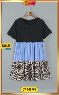 Sky Blue Colorblock Leopard Patchwork T Shirt Plus Size Dress Blue Short Sleeve Dress With Splicing, Blue Color Block Short Sleeve Dress, Patchwork T Shirt, Plus Size Shirt Dress, Lisa Fischer, Beauty Features, Bleach Product, Color Block Dress, Block Dress