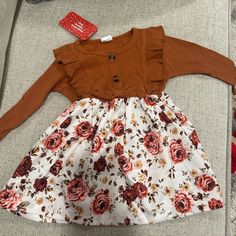 Baby Girl Fall Dress. New With Tags. 6-9 Months. Copper And Floral Cute Playtime Dresses For Fall, Cute Dresses For Playtime In Fall, Cute Brown Cotton Dress, Girl Fall Dress, Girls Fall Dresses, Fall Dress, 9th Month