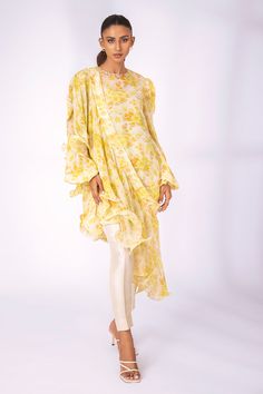 Naida – Sania Maskatiya International Yellow Floral Print Kurta, Yellow Floral Print Kurta For Wedding, Yellow Silk Sets With Floral Print, Yellow Silk Floral Print Sets, Yellow Floral Print Silk Sets, Festive Yellow Ruffled Dress, Elegant Yellow Sets With Printed Motifs, Yellow Georgette Sets With Printed Motifs, Yellow Georgette Dress With Printed Motifs