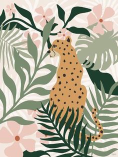 a cheetah in the jungle surrounded by tropical leaves and flowers on a pink background