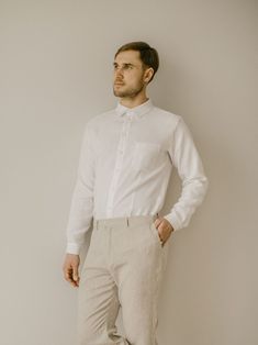 "Every men's linen wedding shirt is handmade using the body measurements of the individual customer.  No factory use.  Every creative and sewing task is fairly rewarded. After order I will email you about body measurements we will need and how to take them correctly. It will be very simple steps. Color in the picture- snow white. Other colors are available. DESCRIPTION: -Slim/regular fit -Long sleeves -All button down -Classic collar -Handcrafted Material: 100 % softened Lithuanian linen, medium Slim Fit Long Sleeve Dress Shirt For Wedding, Formal White Linen Shirt, White Linen Formal Shirt, Fitted Linen Shirt For Semi-formal Occasions, Fitted White Dress Shirt For Wedding, White Fitted Dress Shirt For Wedding, Fitted Cotton Shirt For Wedding, White Long Sleeve Dress Shirt For Wedding, Fitted Shirt With Spread Collar For Wedding