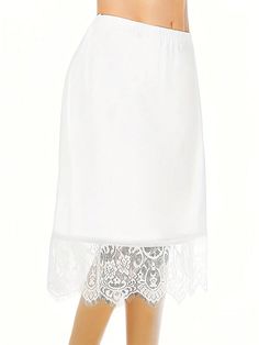 White Elegant Collar  Knitted Fabric Plain A Line Embellished Medium Stretch  Women Plus Clothing Chic White Skirt With Lace Patchwork, Elegant White Skirt With Lace Patchwork, Elegant White Bottoms With Lace Patchwork, Elegant White Mini Skirt For Daywear, White Knee-length Skirt With Lace Trim, Elegant Stretch Skirt With Lace Patchwork, White Lace Trim Midi Skirt, White Midi Skirt With Lace Trim, Plus Size Elegant